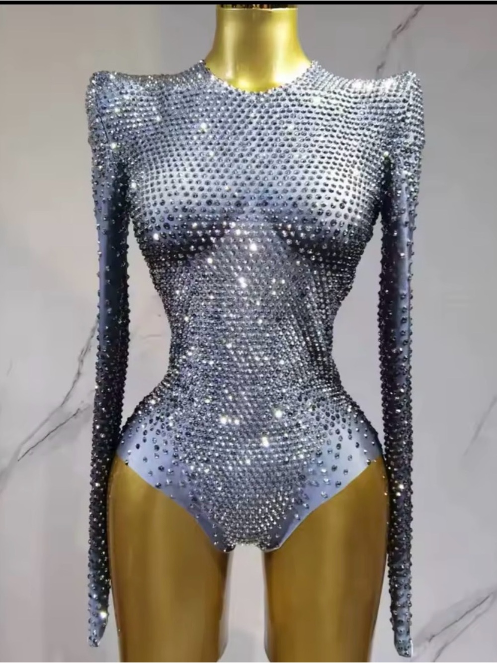 Crystal-Embellished Silver Long-Sleeve Bodysuit